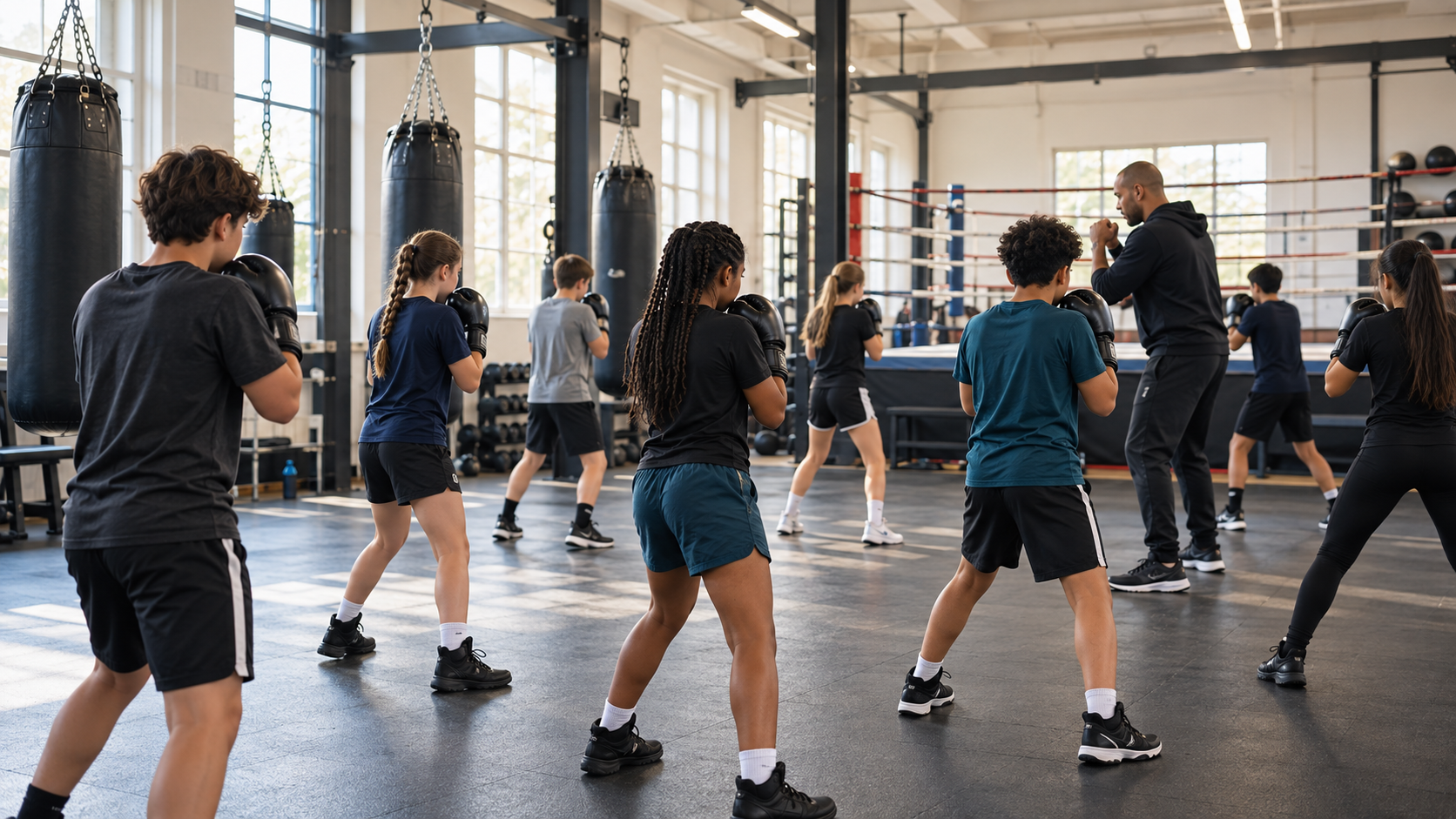 A coach leading a structured, non-contact boxing class for young people